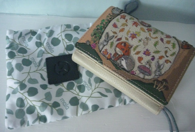 Mala Leather Compact Tri Fold Purse Foxglove Forest with Dust Bag