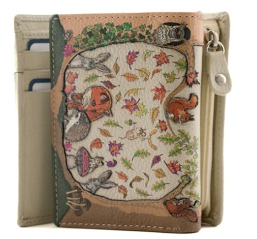 Mala Leather Compact Tri Fold Purse Foxglove Forest with Dust Bag