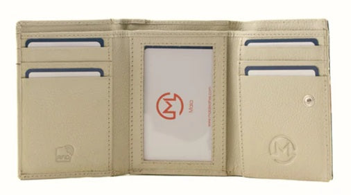 Mala Leather Compact Tri Fold Purse Foxglove Forest with Dust Bag