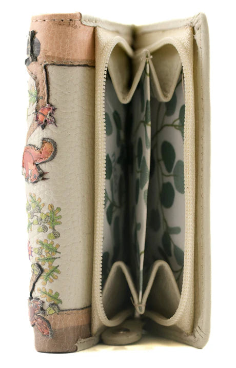 Mala Leather Compact Tri Fold Purse Foxglove Forest with Dust Bag