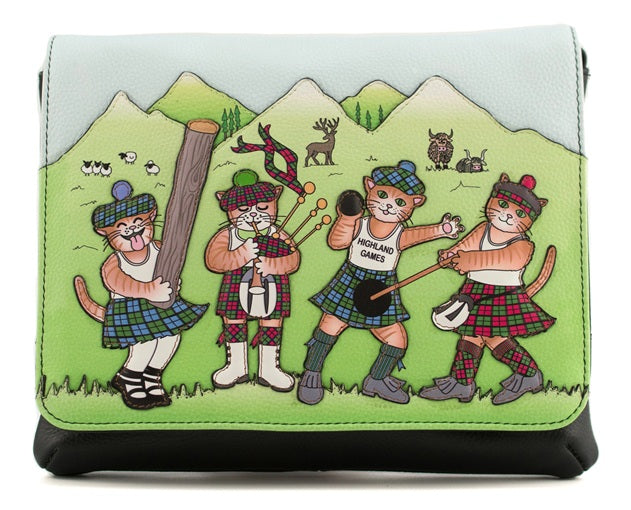 Mala Leather Highland Games Black Flap-Over Midi Crossbody Bag