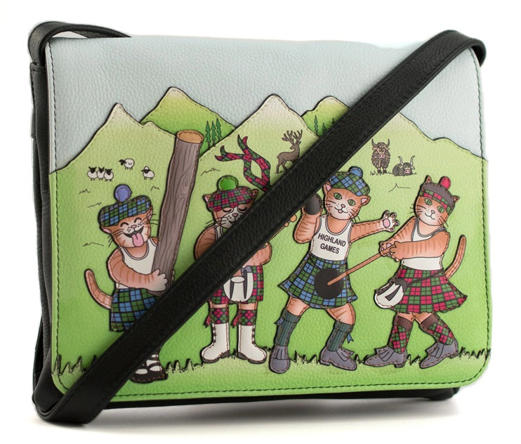 Mala Leather Highland Games Black Flap-Over Midi Crossbody Bag