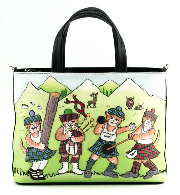 Mala Leather Highland Games Cats Multiway Grab Bag Black with Dust Bag