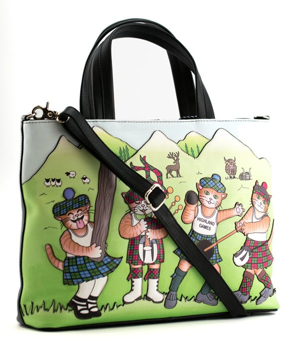 Mala Leather Highland Games Cats Multiway Grab Bag Black with Dust Bag