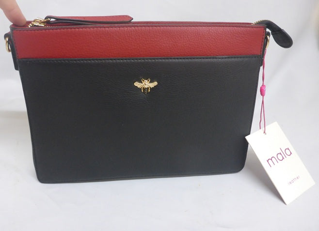 Mala Leather Mason Bee Detail Cross Body Shoulder Bag + Dust Bag - Black Red