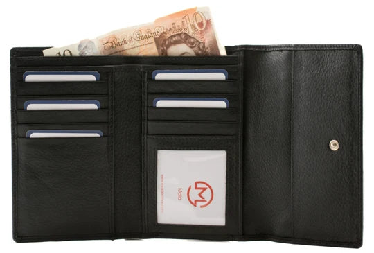 Mala Leather Midnight Cats Black Large RFID Tri-Fold Purse