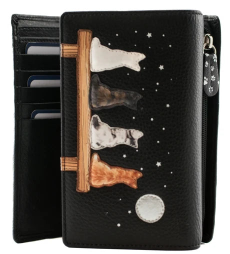 Mala Leather Midnight Cats Black Large RFID Tri-Fold Purse