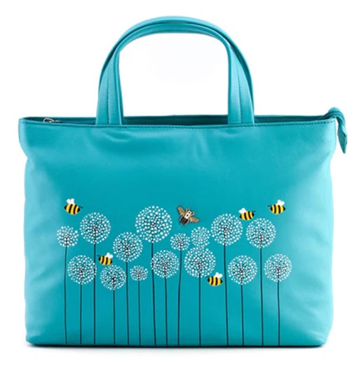 Mala Leather Grab Shoulder Handbag + Dust Bag - Moonflower Turquoise Blue