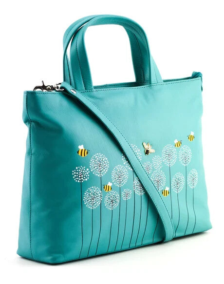 Mala Leather Grab Shoulder Handbag + Dust Bag - Moonflower Turquoise Blue