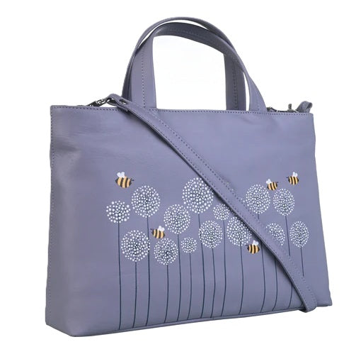 Mala Leather Moonflower Bee Grab & Shoulder Bag - Grey