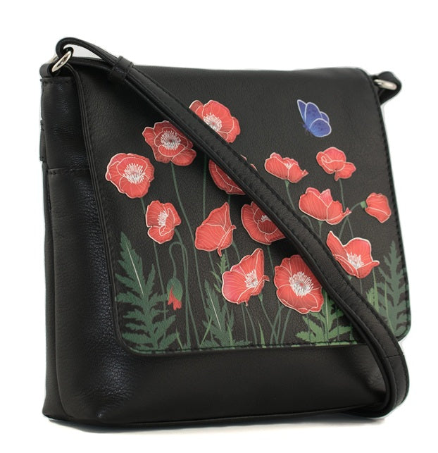 Mala Leather Poppy Black Flap Midi Crossbody Bag
