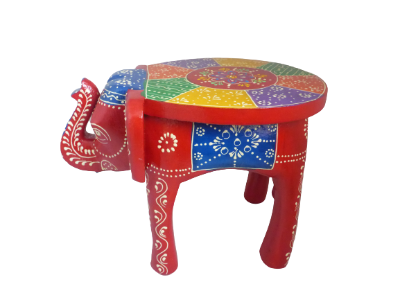 Something DIfferent Hand-Carved Wooden Elephant Stool & Plant Stand | Red Multicolour