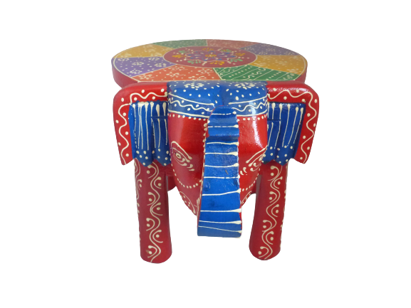 Something DIfferent Hand-Carved Wooden Elephant Stool & Plant Stand | Red Multicolour