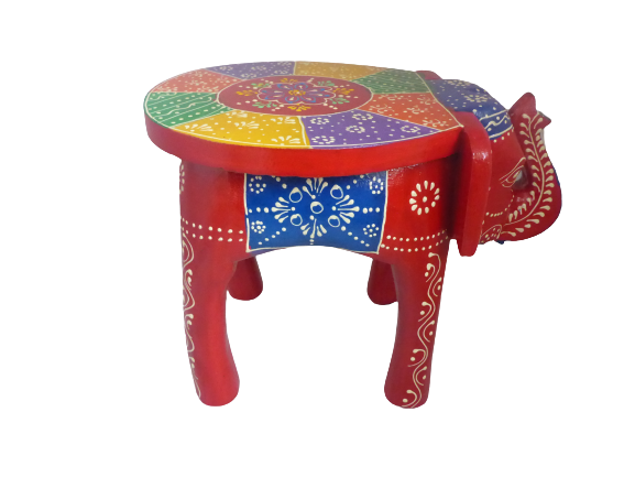 Something DIfferent Hand-Carved Wooden Elephant Stool & Plant Stand | Red Multicolour