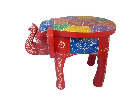 Something DIfferent Hand-Carved Wooden Elephant Stool & Plant Stand | Red Multicolour
