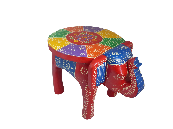 Something DIfferent Hand-Carved Wooden Elephant Stool & Plant Stand | Red Multicolour