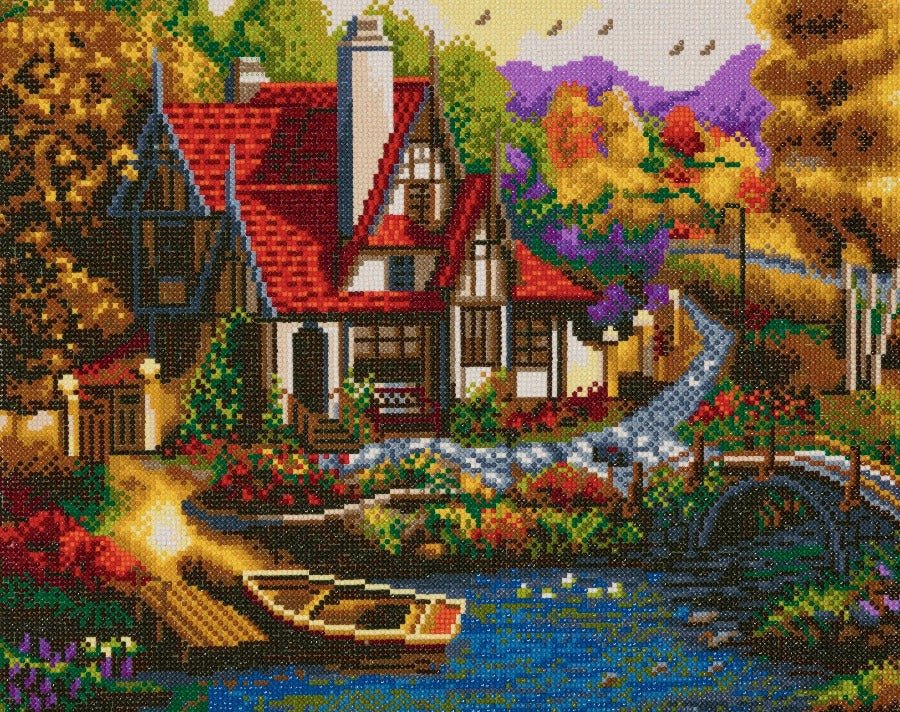 Riverside Cottage Crystal Art Canvas Kit | 40 x 50cm | Craft Buddy