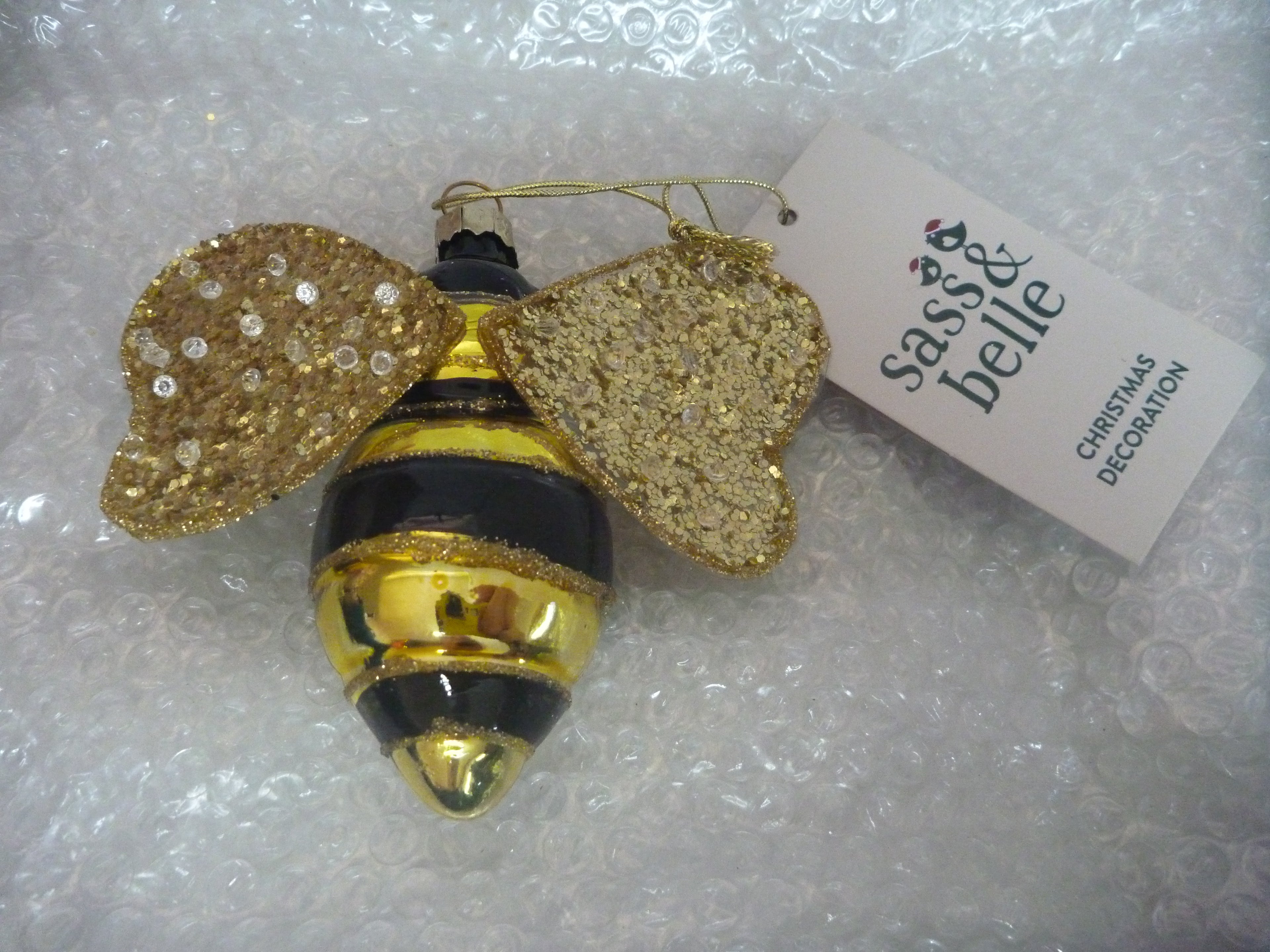 Sass & Belle 3D Glass Bee with Gems Christmas Tree Bauble
