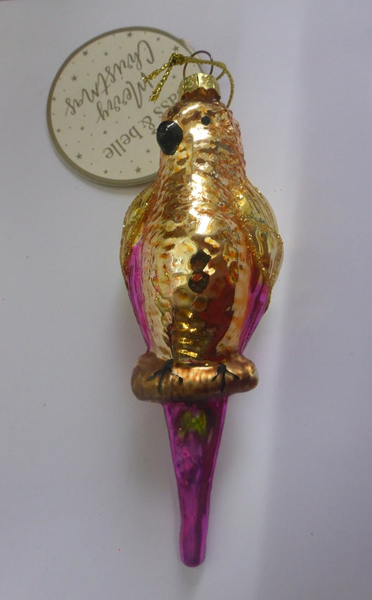 Sass & Belle 3D Glass Bauble Christmas Tree Decoration - Gold Pink Parrot