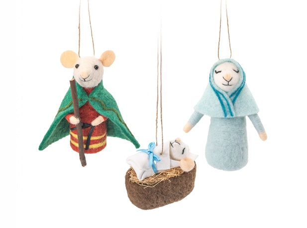Sass & Belle Felt Nativity Mouse Hanging Christmas Decoration - Mary, Joseph & Baby Jesus
