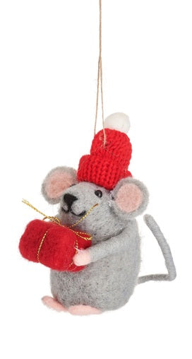 Sass & Belle Felt Gifting Mouse with Present Christmas Tree Hanging Decoration