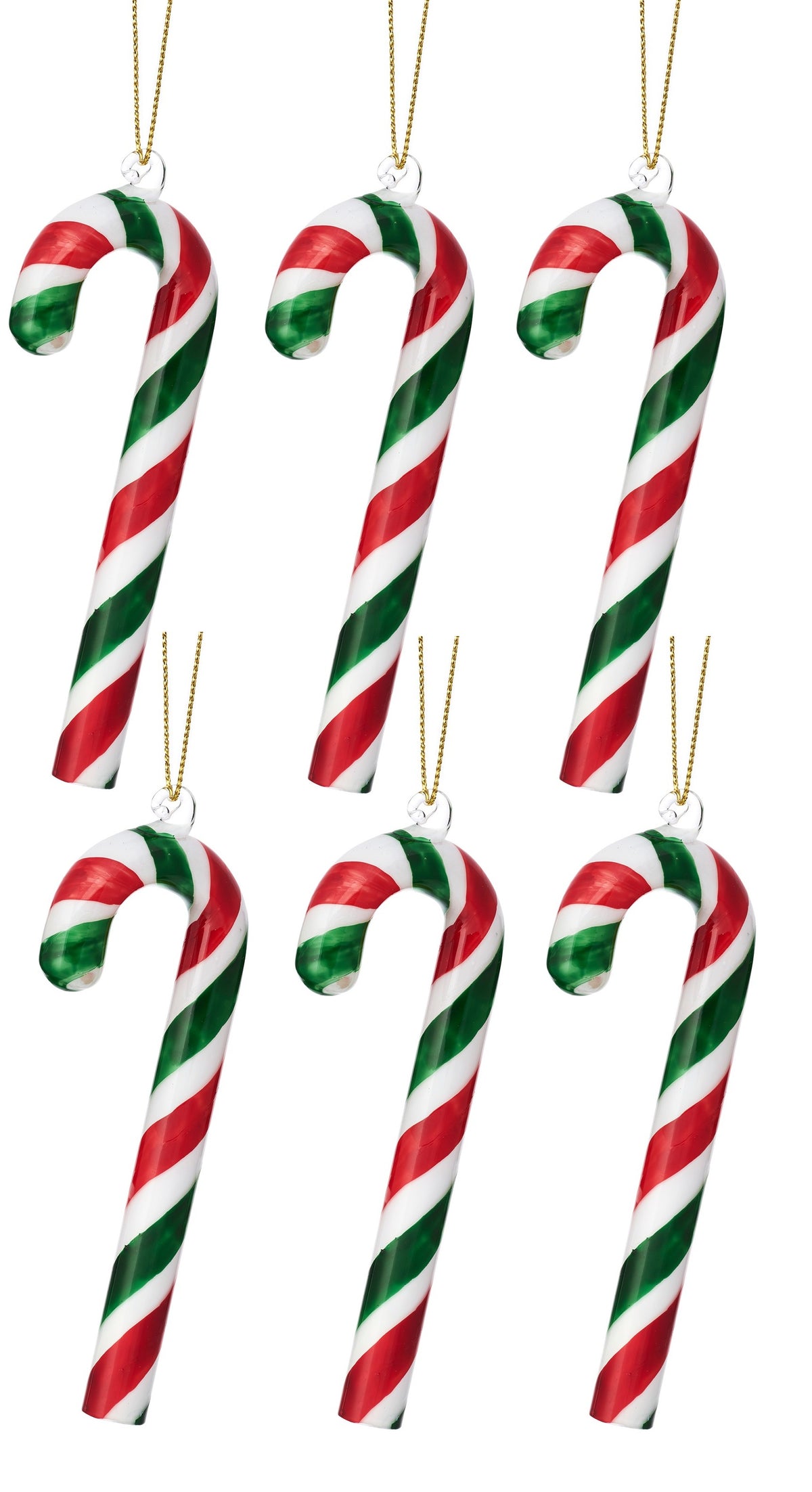 Sass & Belle Glass Candy Cane Christmas Tree Decorations - Green, Red & White Set of 6