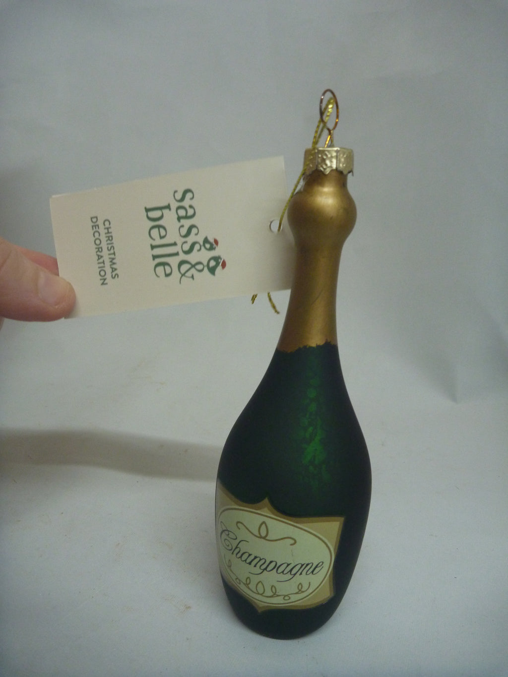 Sass & Belle Green Champagne Bottle Glass Christmas Bauble