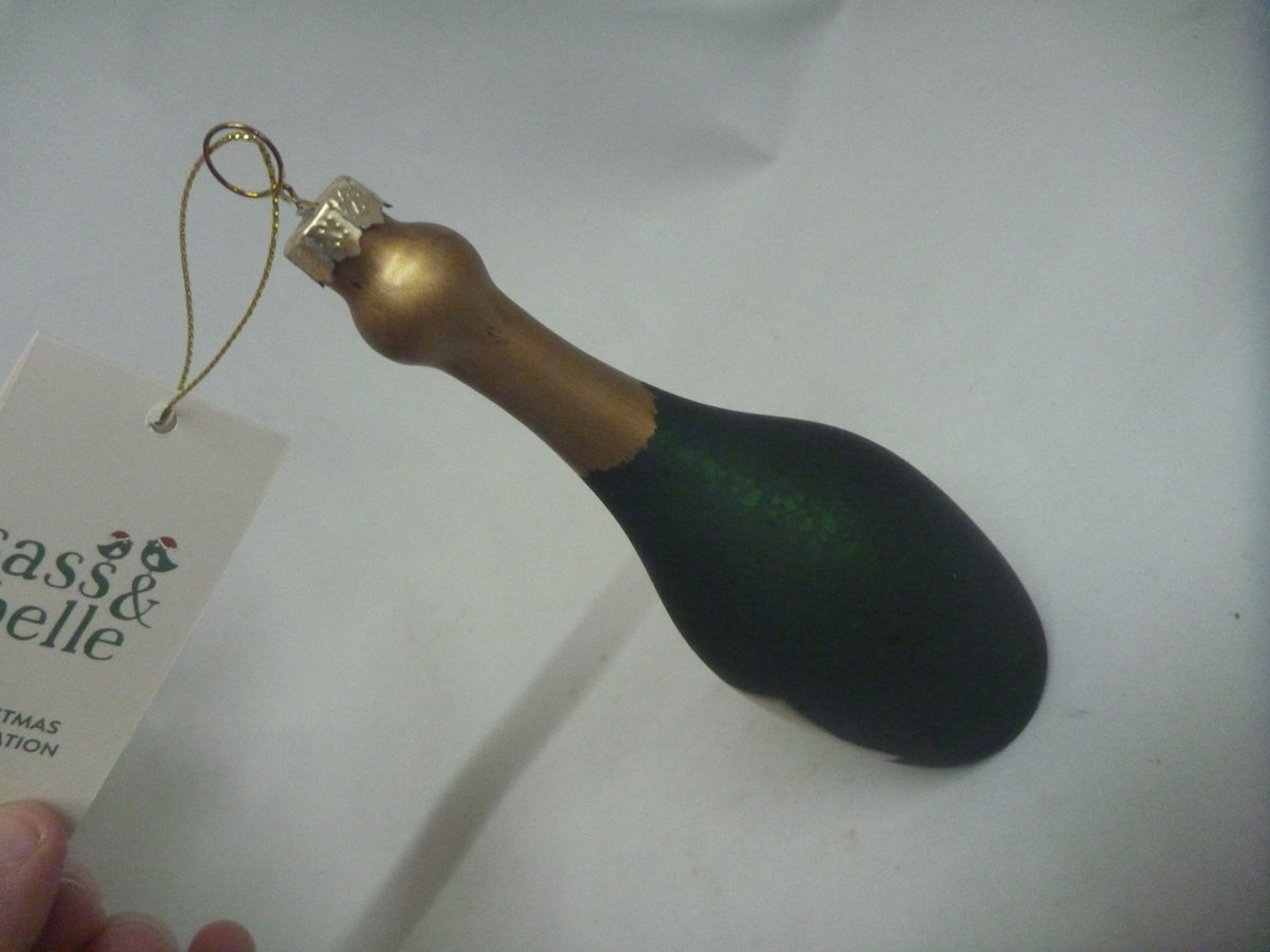 Sass & Belle Green Champagne Bottle Glass Christmas Bauble
