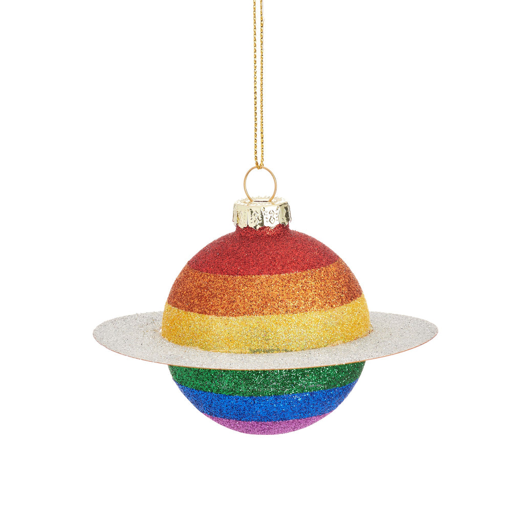 Sass & Belle Christmas Tree Hanging Decoration - Glitter Rainbow Planet Shaped Multicoloured Bauble Set of 6