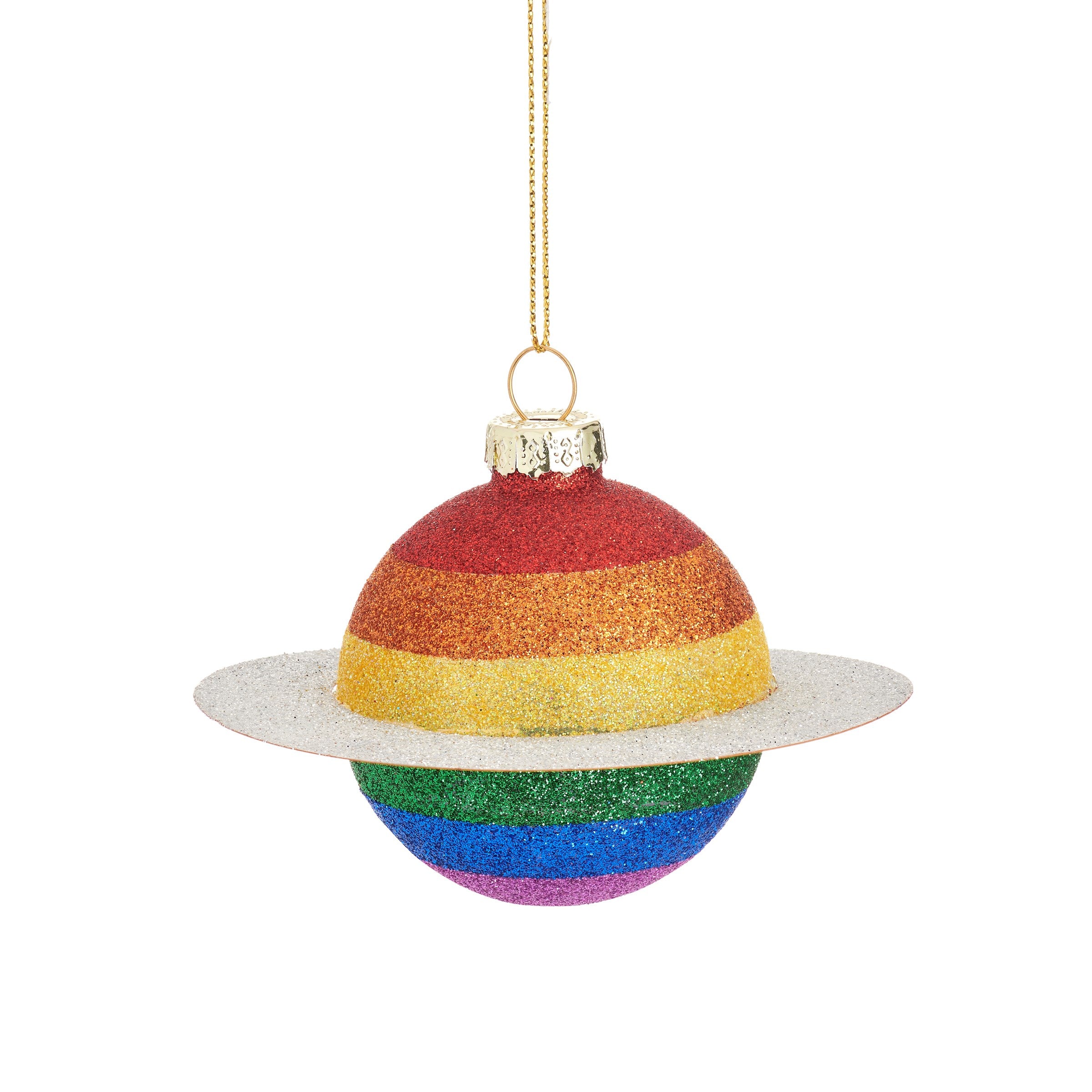 Sass & Belle Christmas Tree Hanging Decoration - Glitter Rainbow Planet Shaped Multicoloured Bauble Set of 6