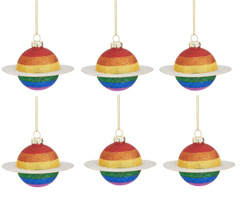 Sass & Belle Christmas Tree Hanging Decoration - Glitter Rainbow Planet Shaped Multicoloured Bauble Set of 6