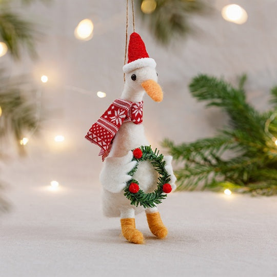 Sass & Belle Goose with Wreath Felt Hanging Christmas Tree Decoration