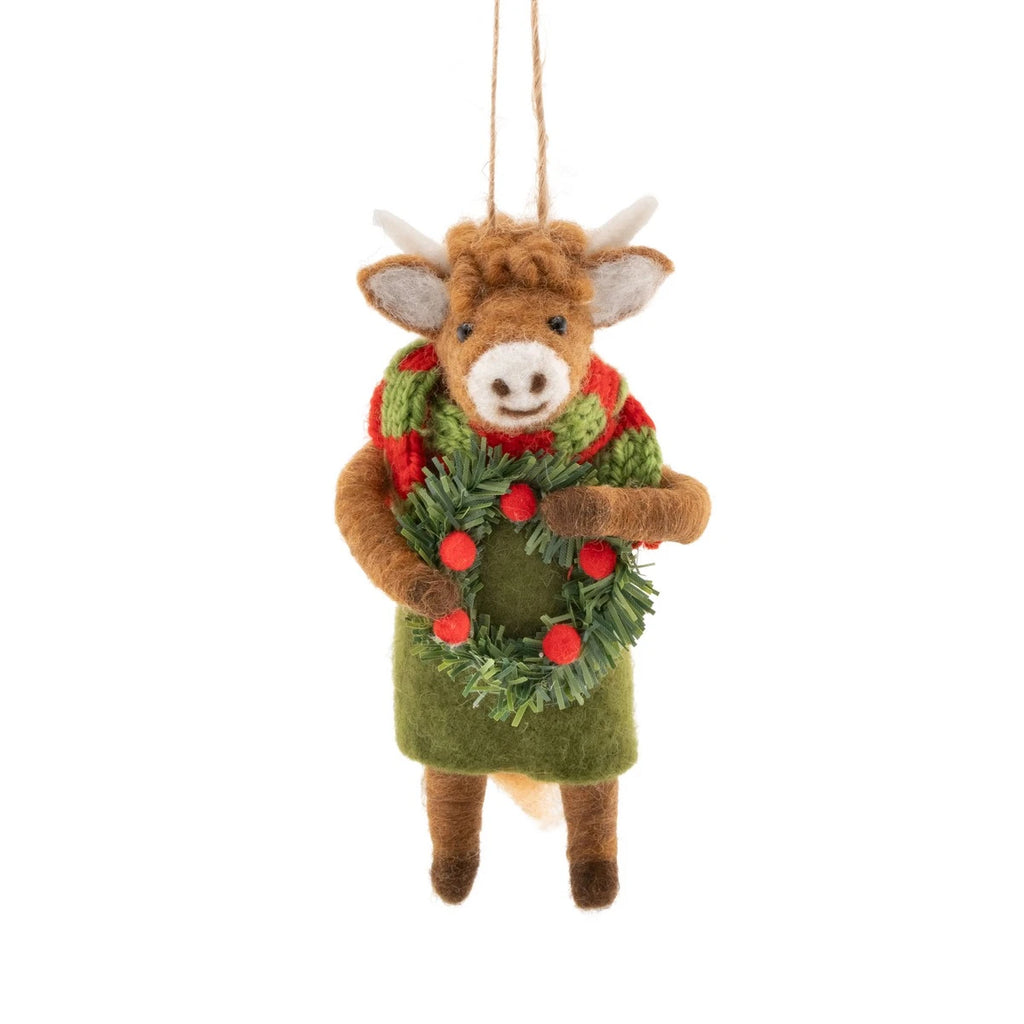 Sass & Belle Highland Cow with Wreath Felt Christmas Decoration