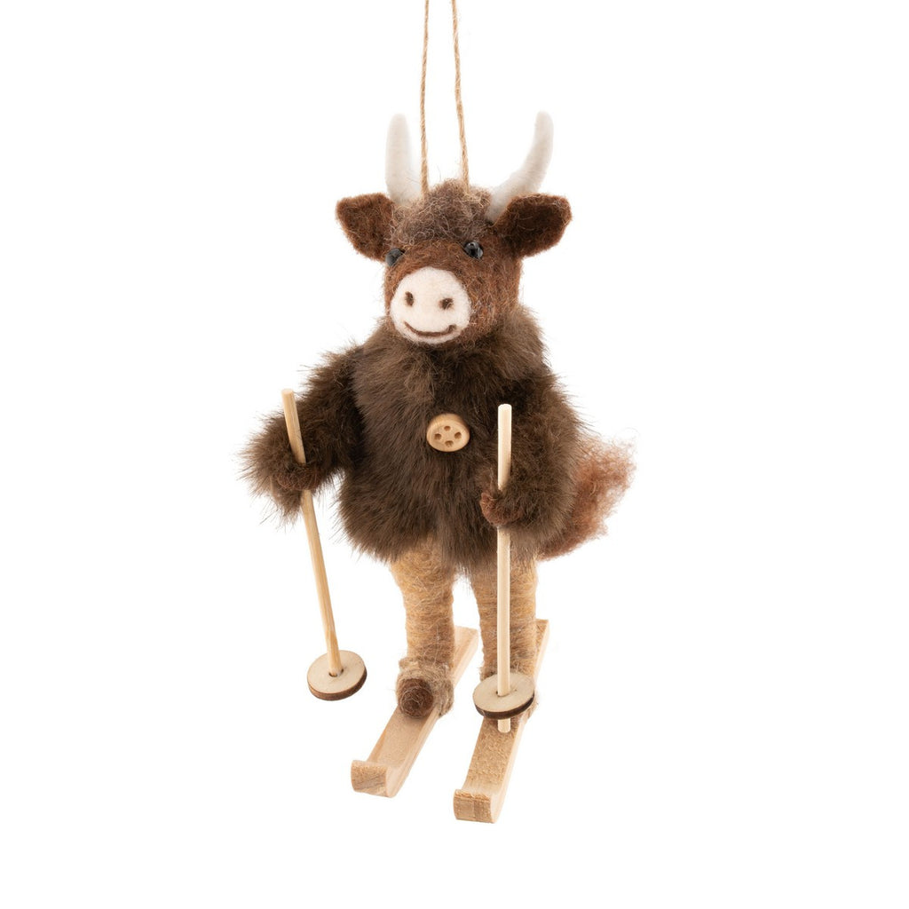 Sass & Belle Highland Cow on Skis Felt Christmas Decoration