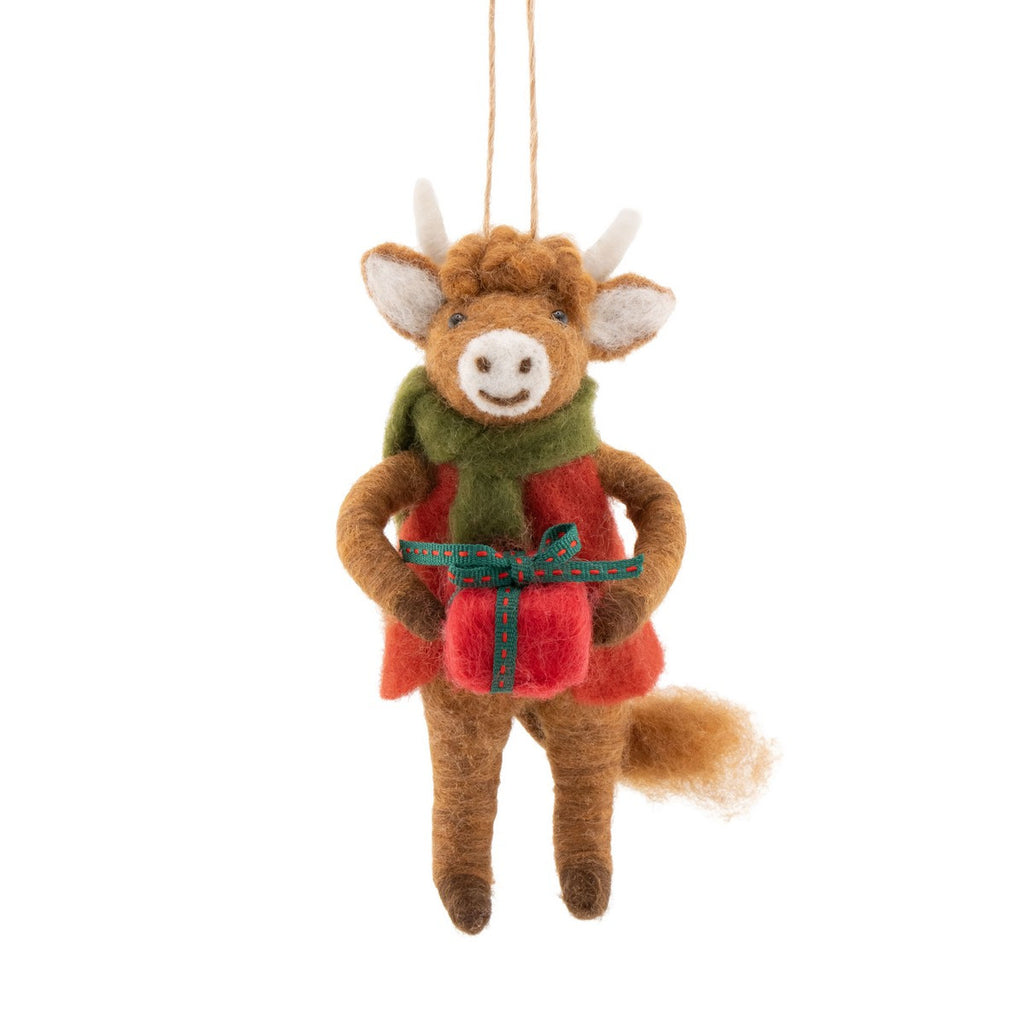 Sass & Belle Highland Cow with Gift Felt Christmas Decoration