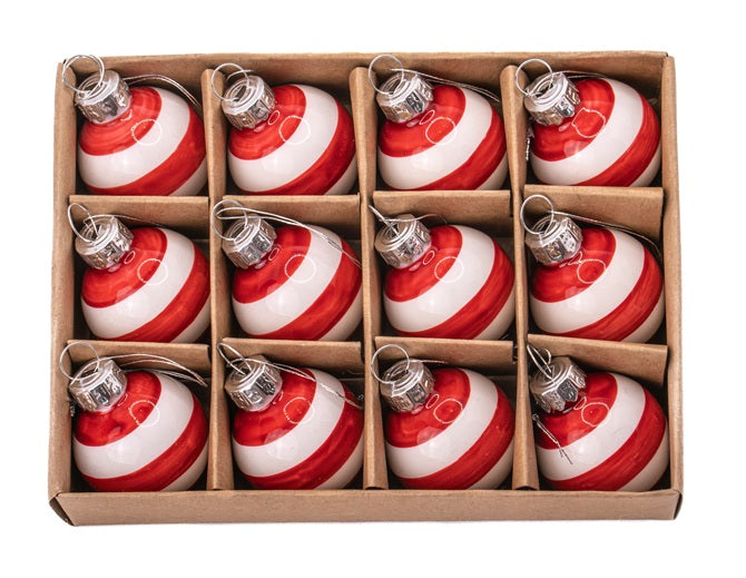 Sass & Belle Mini Glass Bauble Christmas Tree Decorations Set of 12 - Red & White Stripe