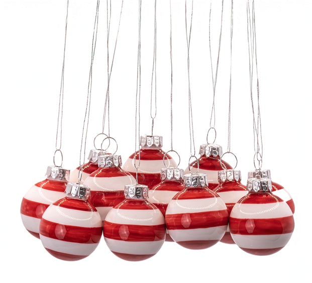 Sass & Belle Mini Glass Bauble Christmas Tree Decorations Set of 12 - Red & White Stripe
