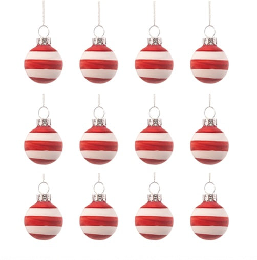 Sass & Belle Mini Glass Bauble Christmas Tree Decorations Set of 12 - Red & White Stripe