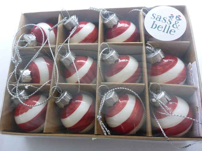 Sass & Belle Mini Glass Bauble Christmas Tree Decorations Set of 12 - Red & White Stripe