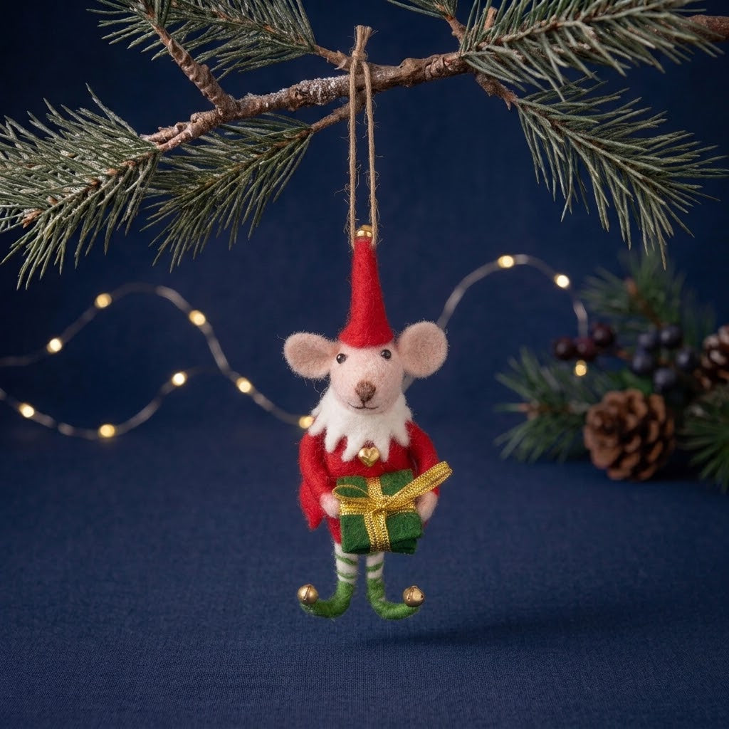 Sass & Belle Felt Mouse Hanging Christmas Tree Decoration - Elf