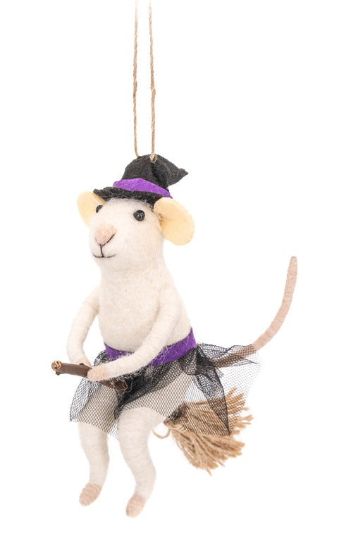 Sass & Belle Felt Hanging Halloween Tree Decoration - Witch Mouse on a Broomstick
