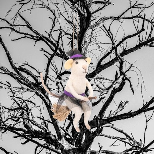 Sass & Belle Felt Hanging Halloween Tree Decoration - Witch Mouse on a Broomstick
