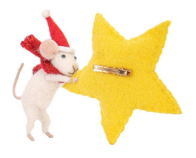 Sass & Belle Mouse with Star Tree Topper Felt Clip-On Christmas Tree Decoration