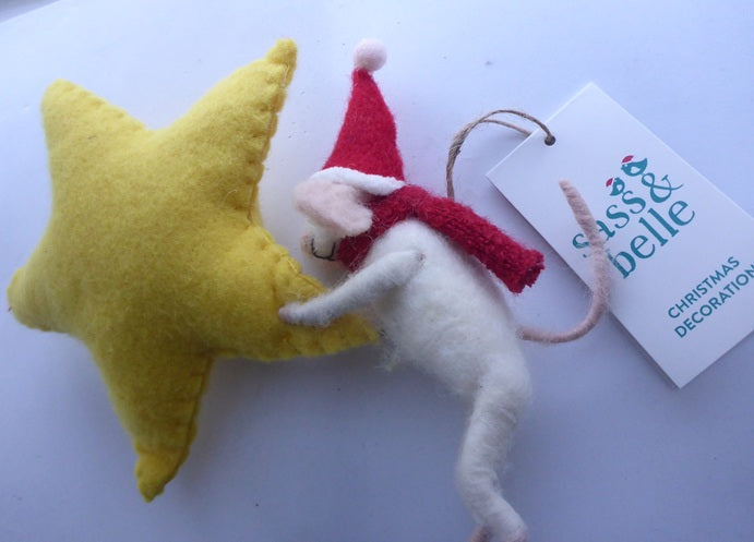 Sass & Belle Mouse with Star Tree Topper Felt Clip-On Christmas Tree Decoration