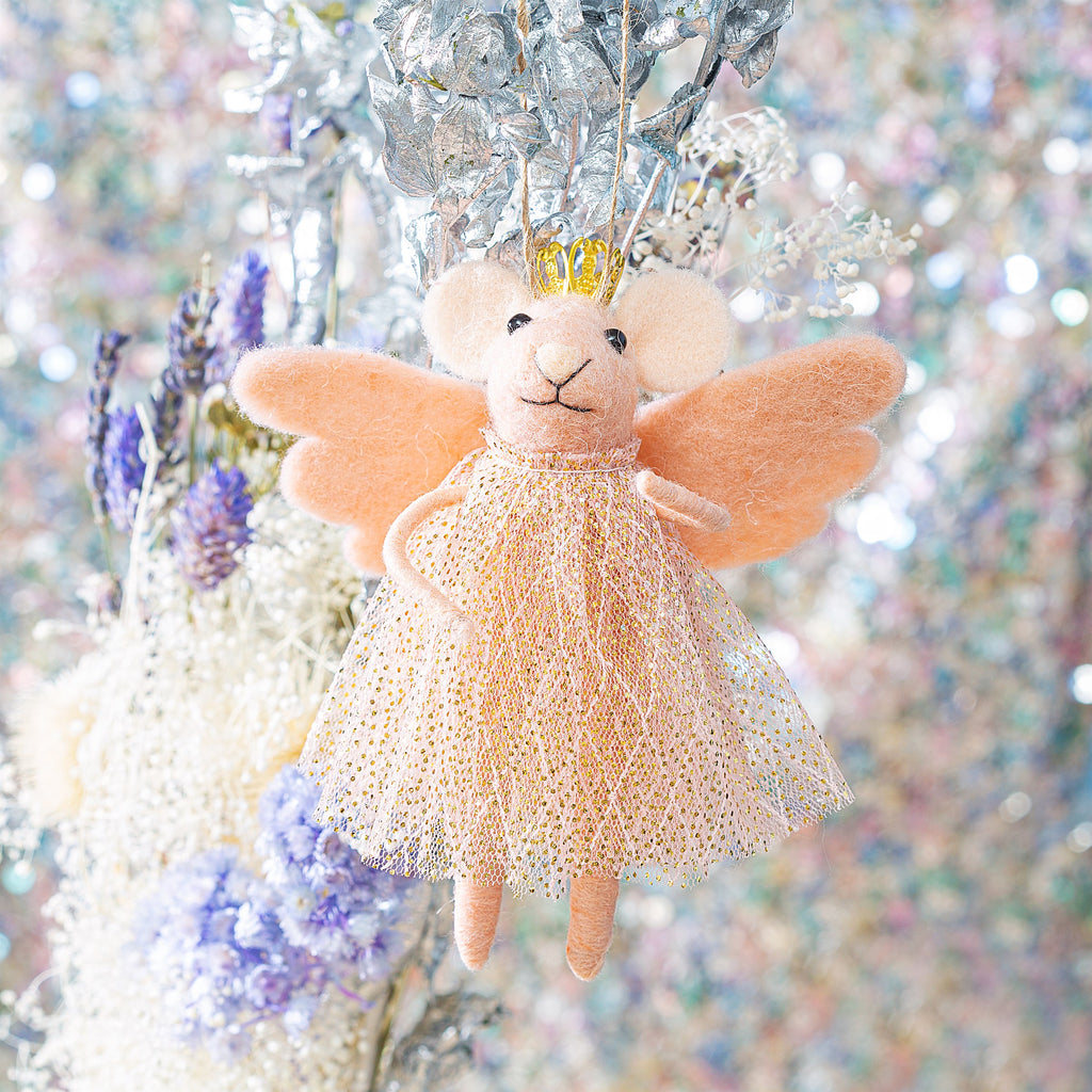 Sass & Belle Felt Mouse Hanging Christmas Tree Decoration - Pink Princess Fairy