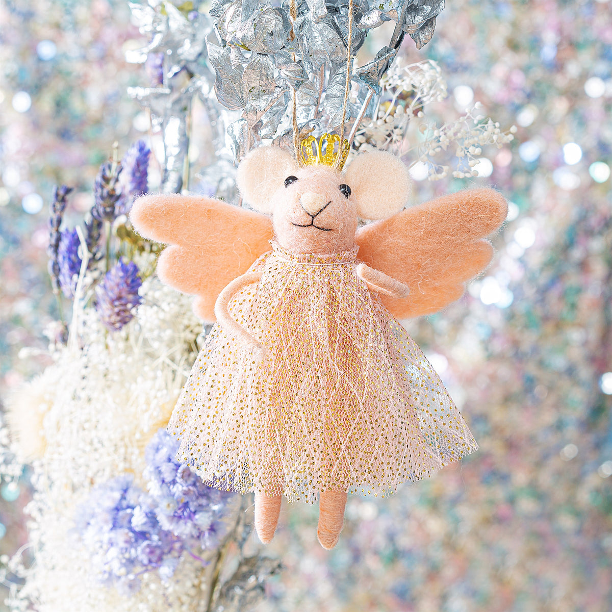 Sass & Belle Felt Mouse Hanging Christmas Tree Decoration - Pink Princess Fairy