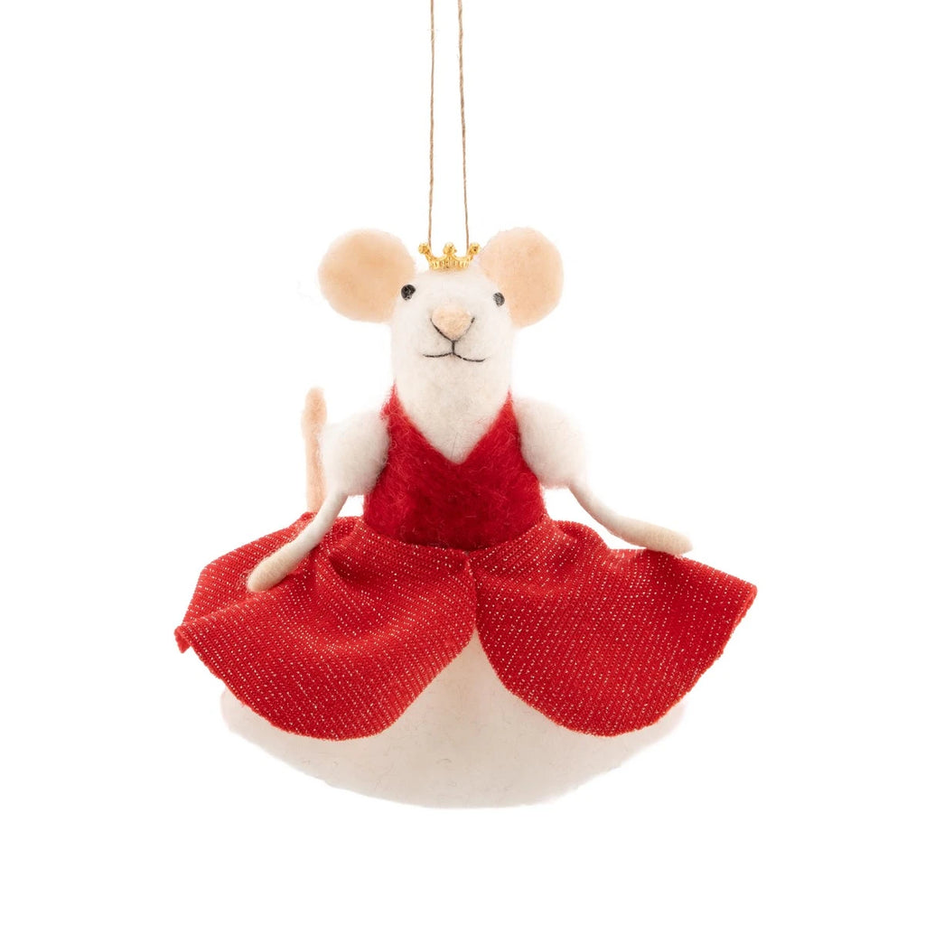 Sass & Belle Felt Mouse Hanging Christmas Tree Decoration - Queen in Red Dress