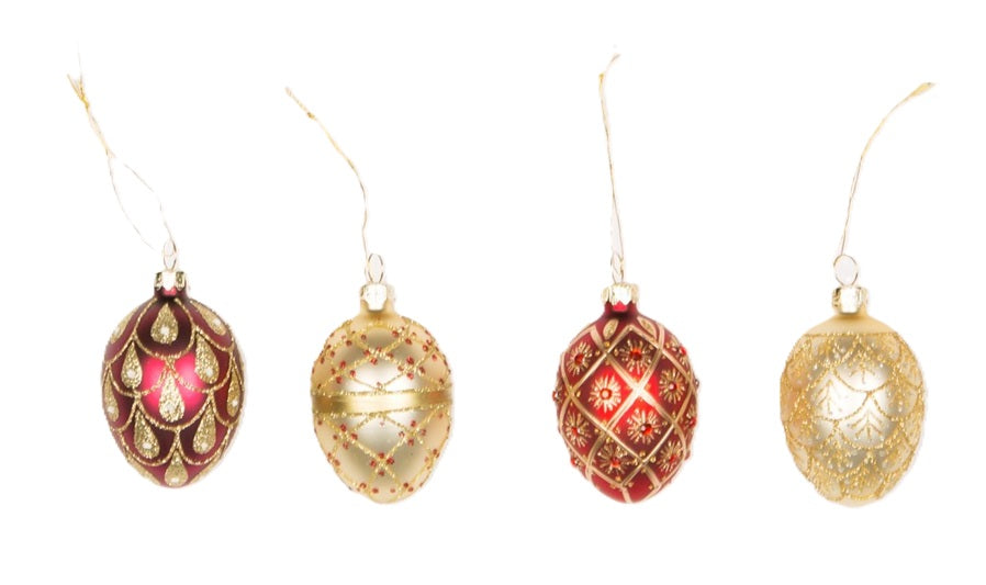 Sass & Belle Red & Gold Heirloom Oval Egg 3D Glass Christmas Bauble Set of 4