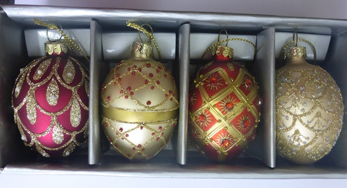 Sass & Belle Red & Gold Heirloom Oval Egg 3D Glass Christmas Bauble Set of 4