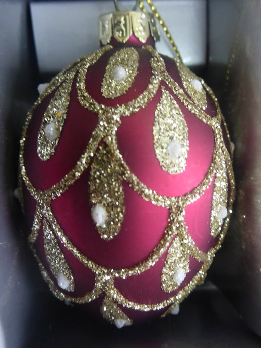 Sass & Belle Red & Gold Heirloom Oval Egg 3D Glass Christmas Bauble Set of 4